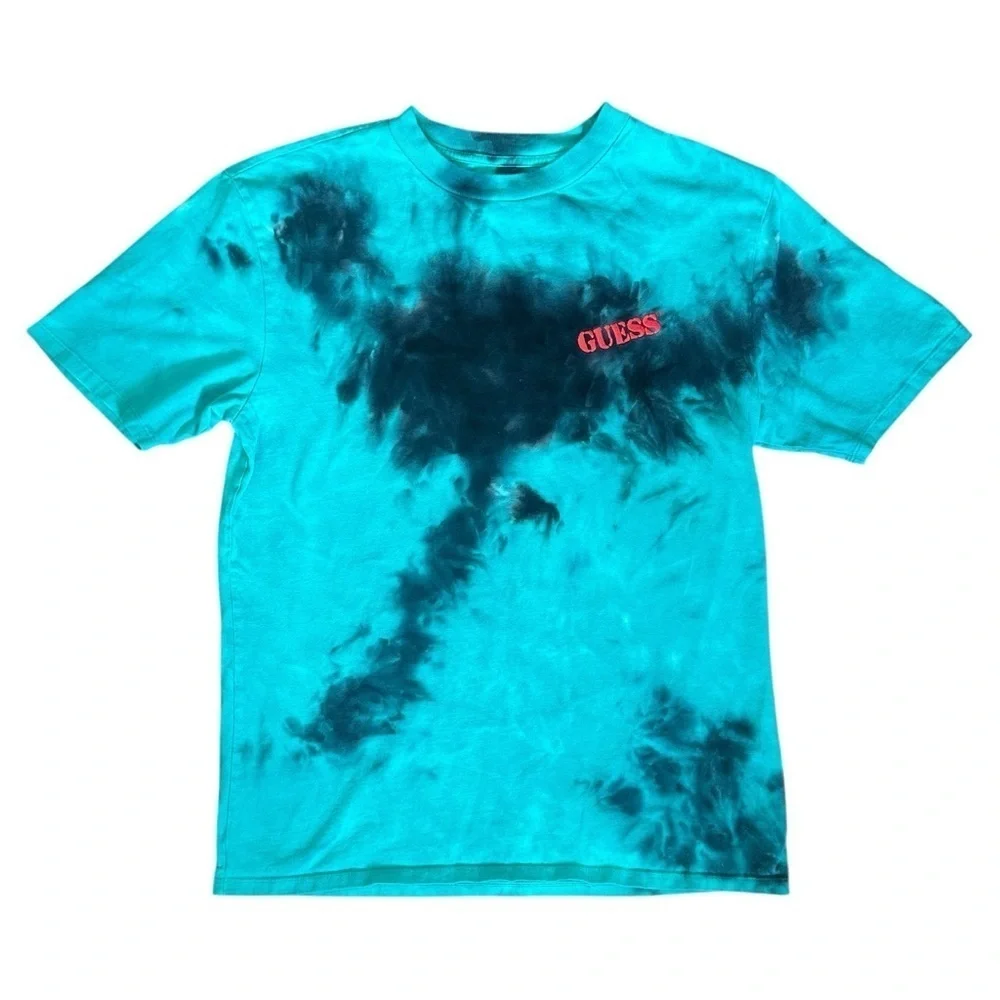 GUESS Originals Tie-Dye Short Sleeve Flag Graphic Tee in Blue Men’s XS - Picture 1 of 5